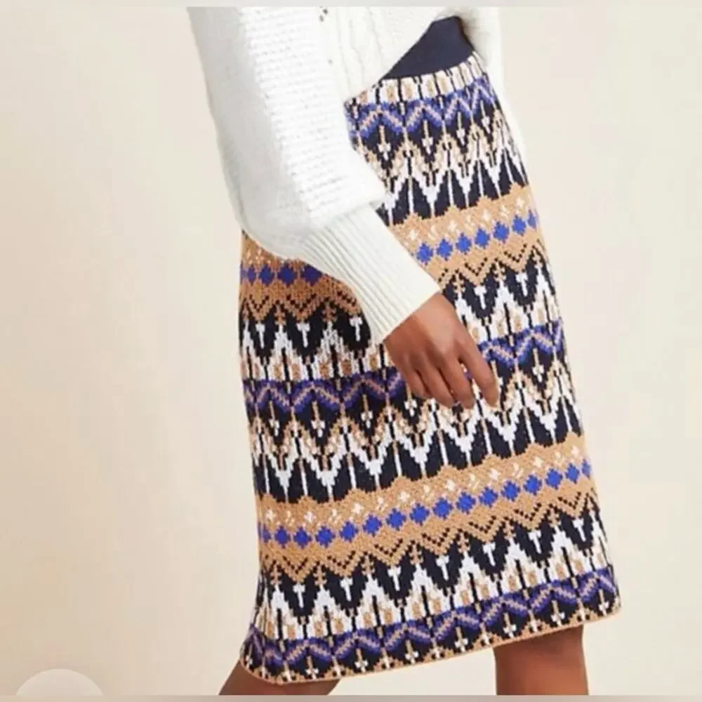 Anthropologie Saoirse Sweater Midi Skirt Size XS Navy Neutral Fair Isle Nordic